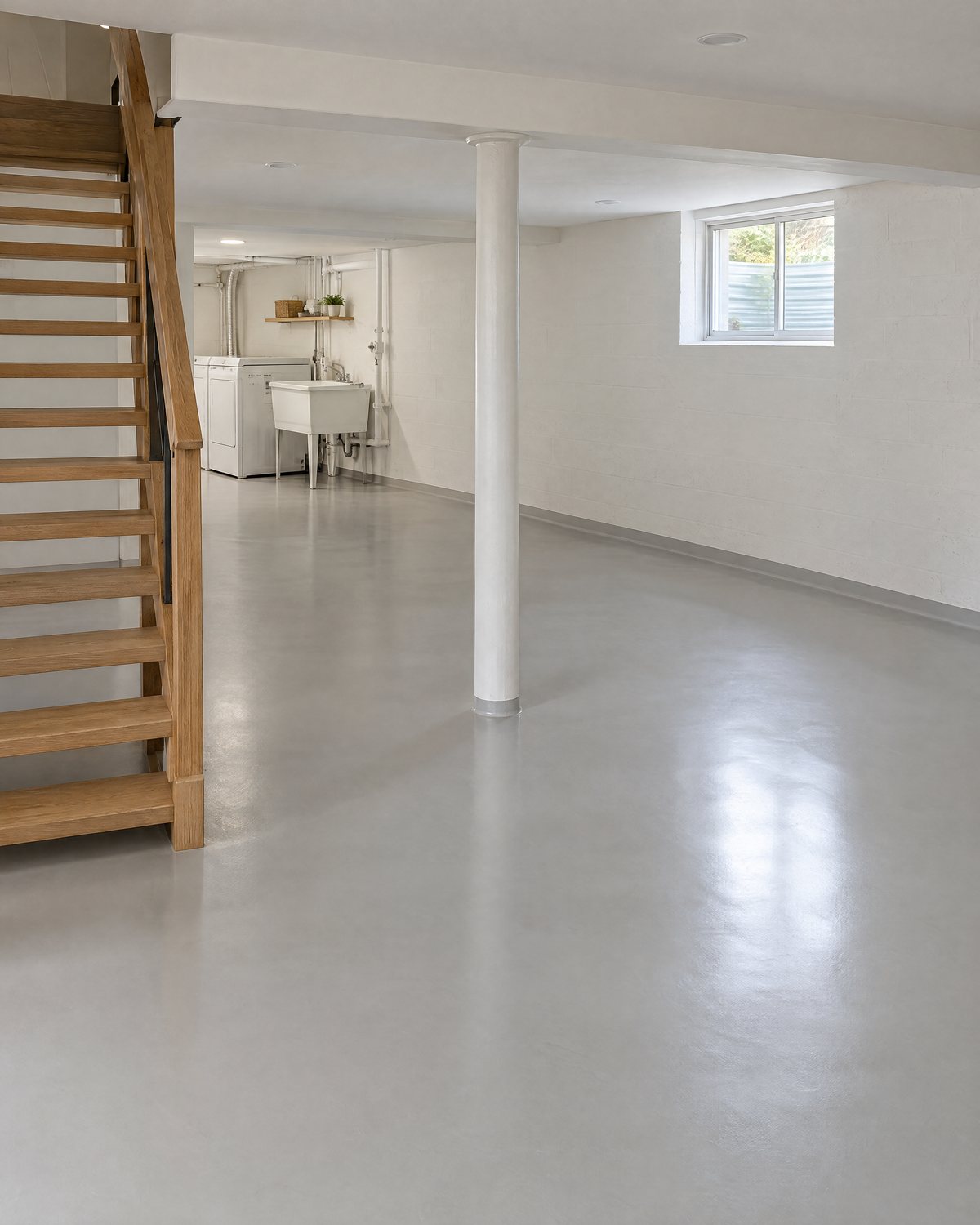 A basement with a satin gray epoxy floor running to white foundation walls, an oak stair, a white steel column, a window and a laundry sink in the background