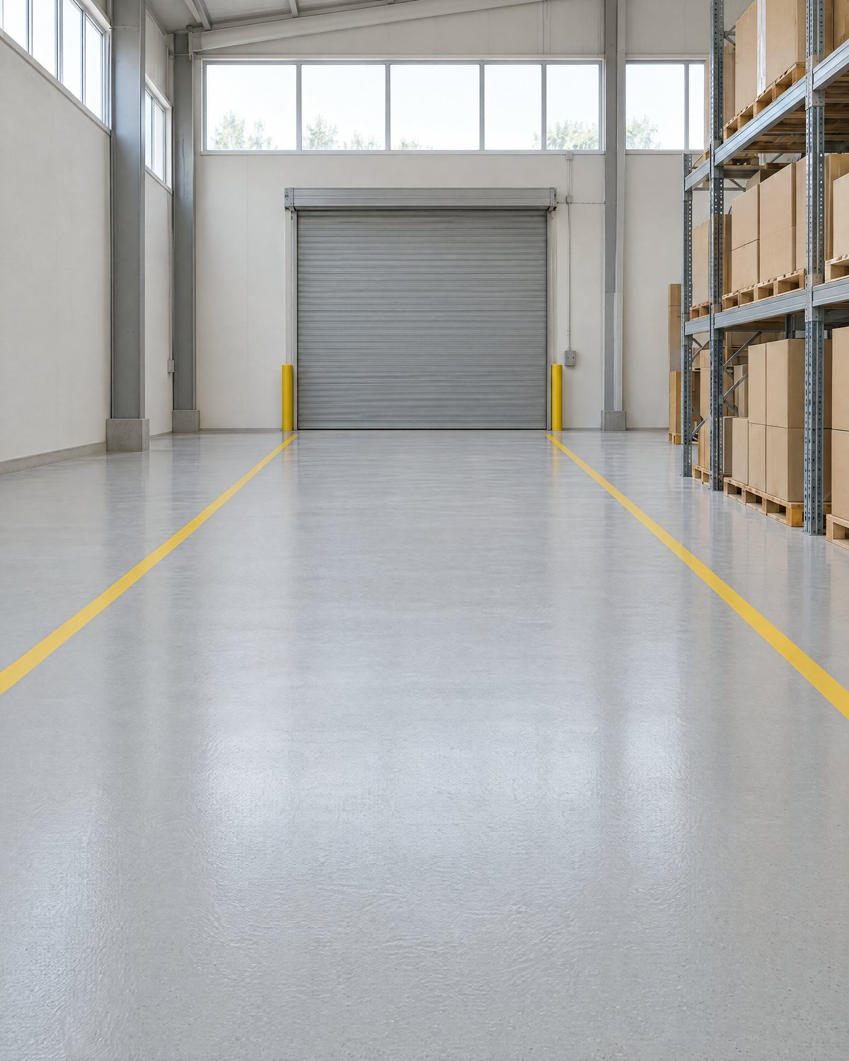 A light gray epoxy floor in a warehouse bay with yellow aisle lines running to a steel roll-up door and pallet racking with plain cartons along one side