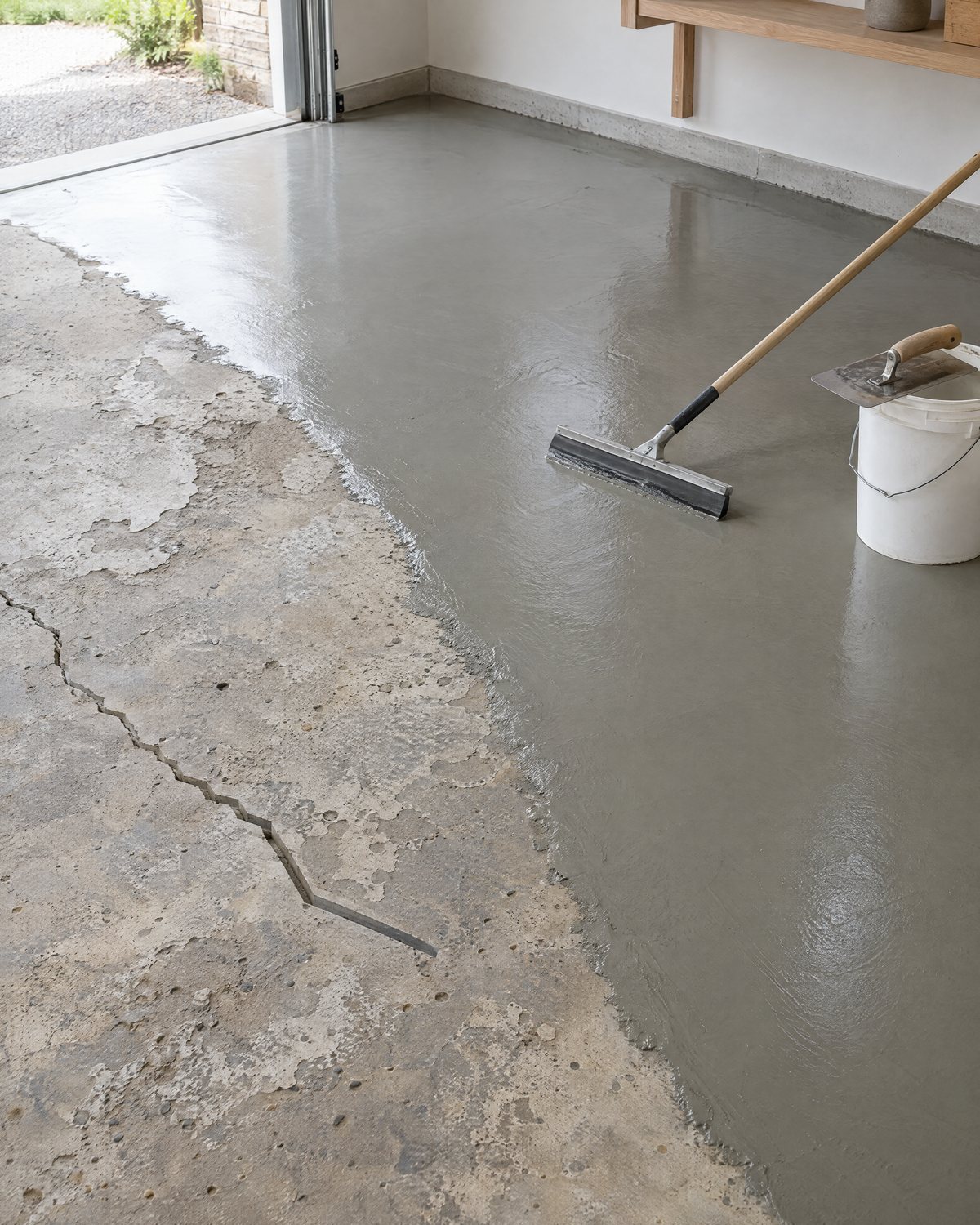 A worn, pitted garage slab with a routed crack beside fresh gray resurfacer just spread, a squeegee at the boundary and a trowel resting on a pail