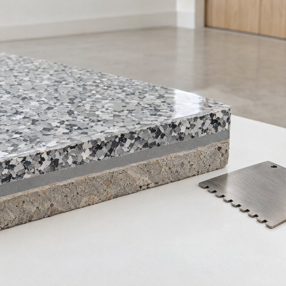 The cut edge of a display sample of a flake floor showing its layers: concrete, a gray base coat, vinyl flake in gray, white and charcoal and a clear topcoat, with a steel comb gauge beside it