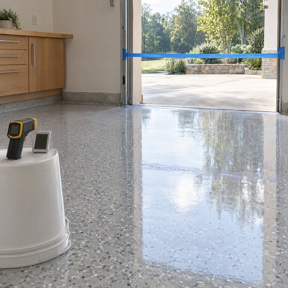 A newly coated glossy flake floor with blue tape across the open garage doorway, and an infrared thermometer and a hygrometer resting on an upturned pail