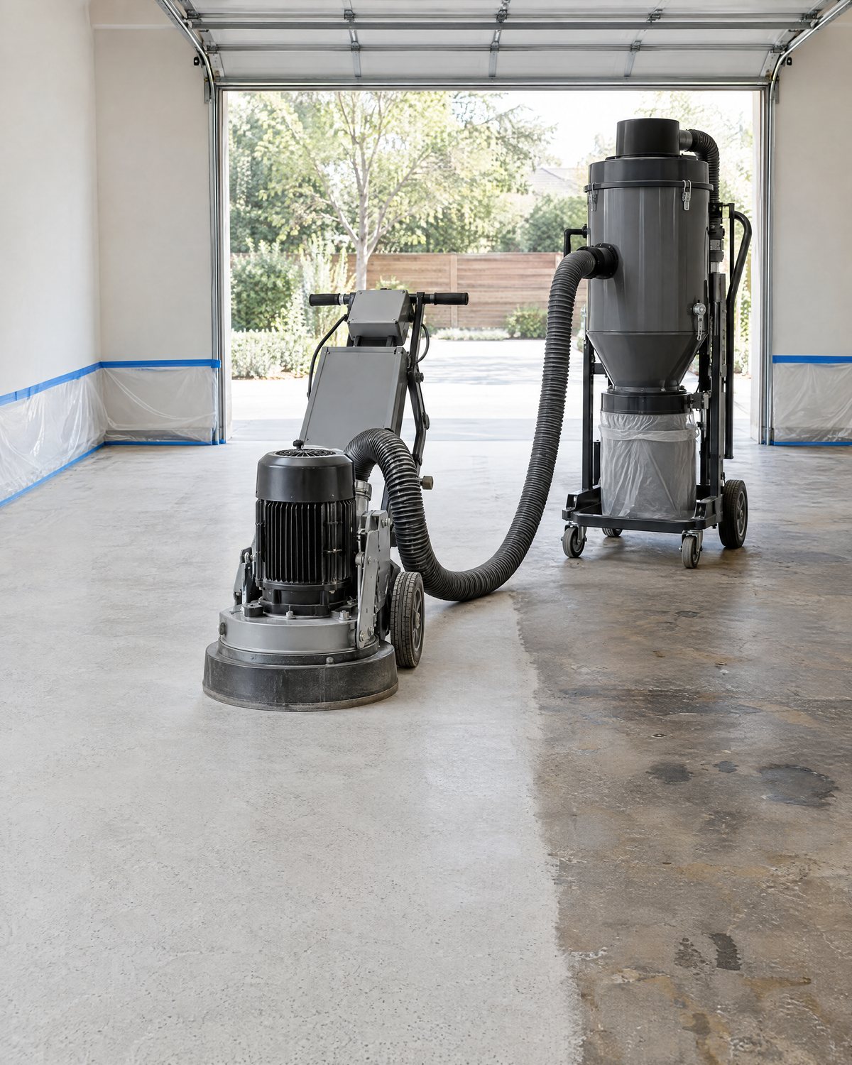 A walk-behind diamond floor grinder connected by a hose to a dust extractor on a garage slab, half of it ground pale and even, half still dark and stained, with the walls masked in plastic