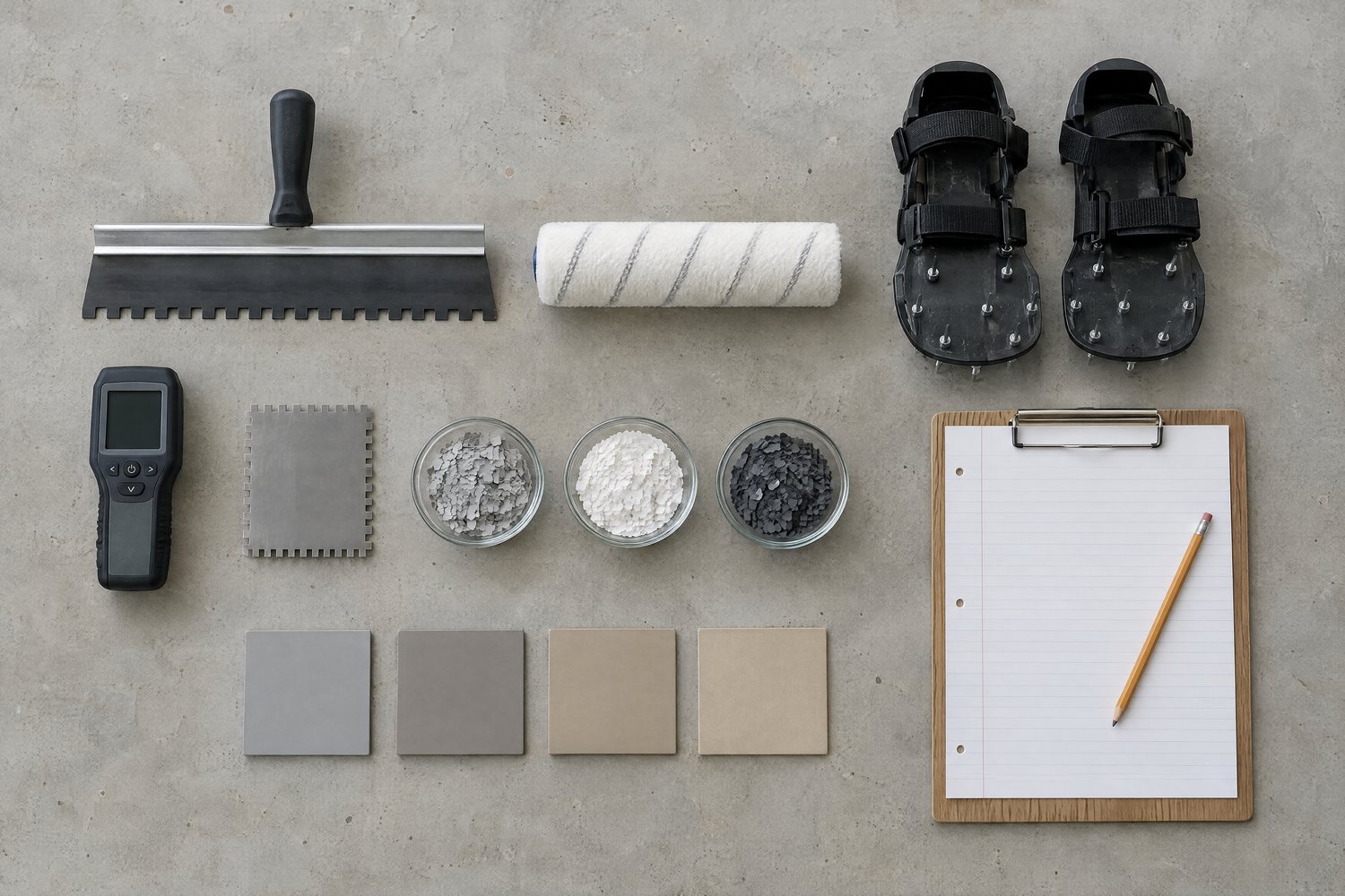 An installer's kit laid out on ground concrete: a notched squeegee, a roller cover, spiked shoes, a moisture meter, a thickness gauge, dishes of gray, white and charcoal flake, color chips and a clipboard