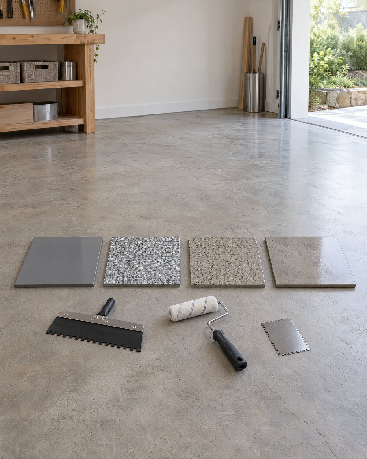 Four garage floor coating sample boards on a ground concrete slab, solid gray epoxy, gray flake, tan quartz and clear-sealed concrete, with a notched squeegee, a roller and a film thickness gauge