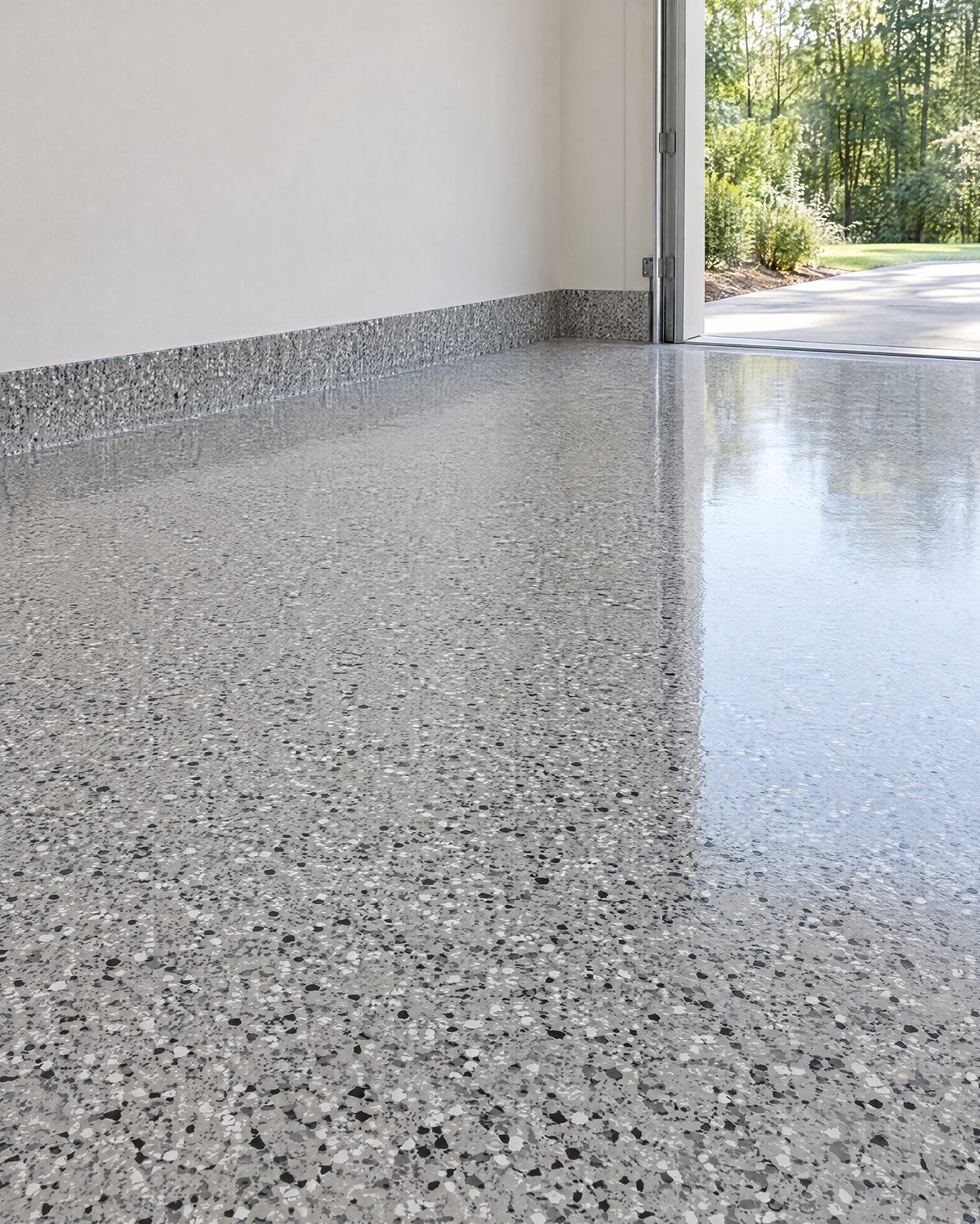 Close view across a glossy epoxy flake garage floor in gray, white and black, the coating turned up the concrete stem wall and running to the door threshold and the driveway beyond