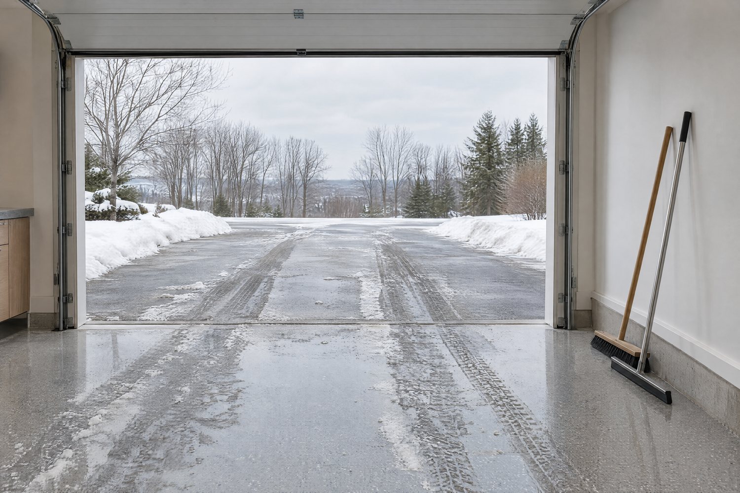 Tire tracks of meltwater and white road salt residue on a coated garage floor, seen through the open door to a snowy driveway, with a push broom and a squeegee against the wall