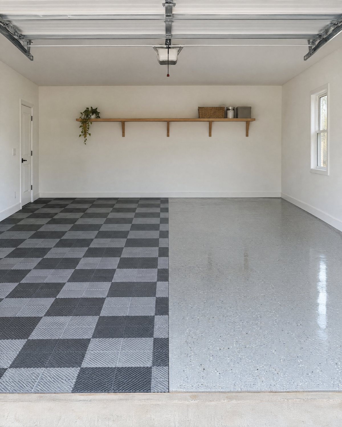 A garage floor half covered in charcoal and gray interlocking tiles and half finished in a glossy gray epoxy flake coating, the two meeting along a straight line