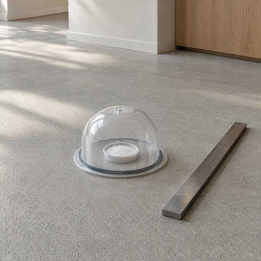 A clear plastic moisture test dome with a dish of crystals sealed to a freshly ground concrete slab, a steel straightedge beside it