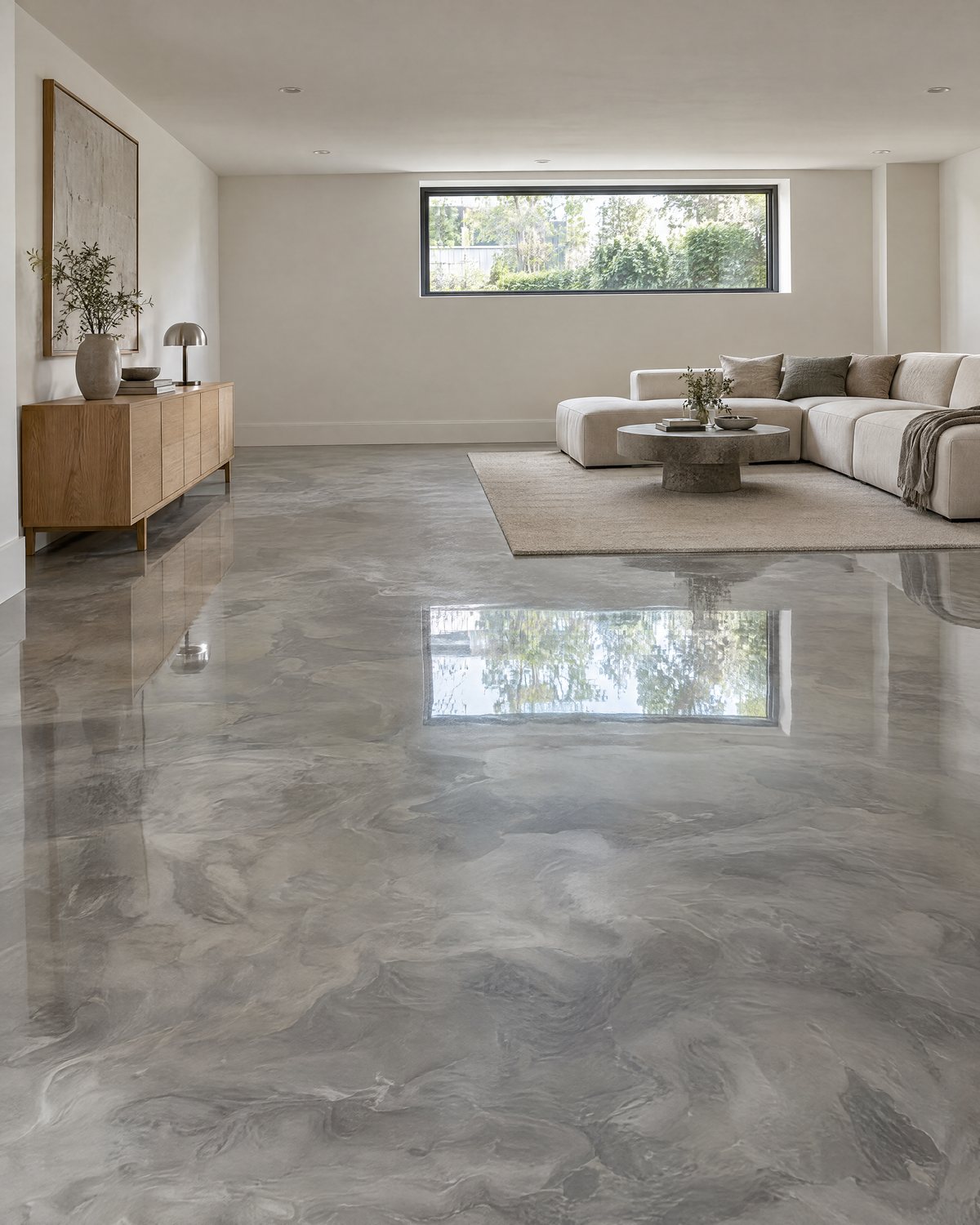 A metallic epoxy floor in swirling pewter, silver and charcoal with a glossy finish reflecting a window, in a basement room with a cream sofa and an oak sideboard