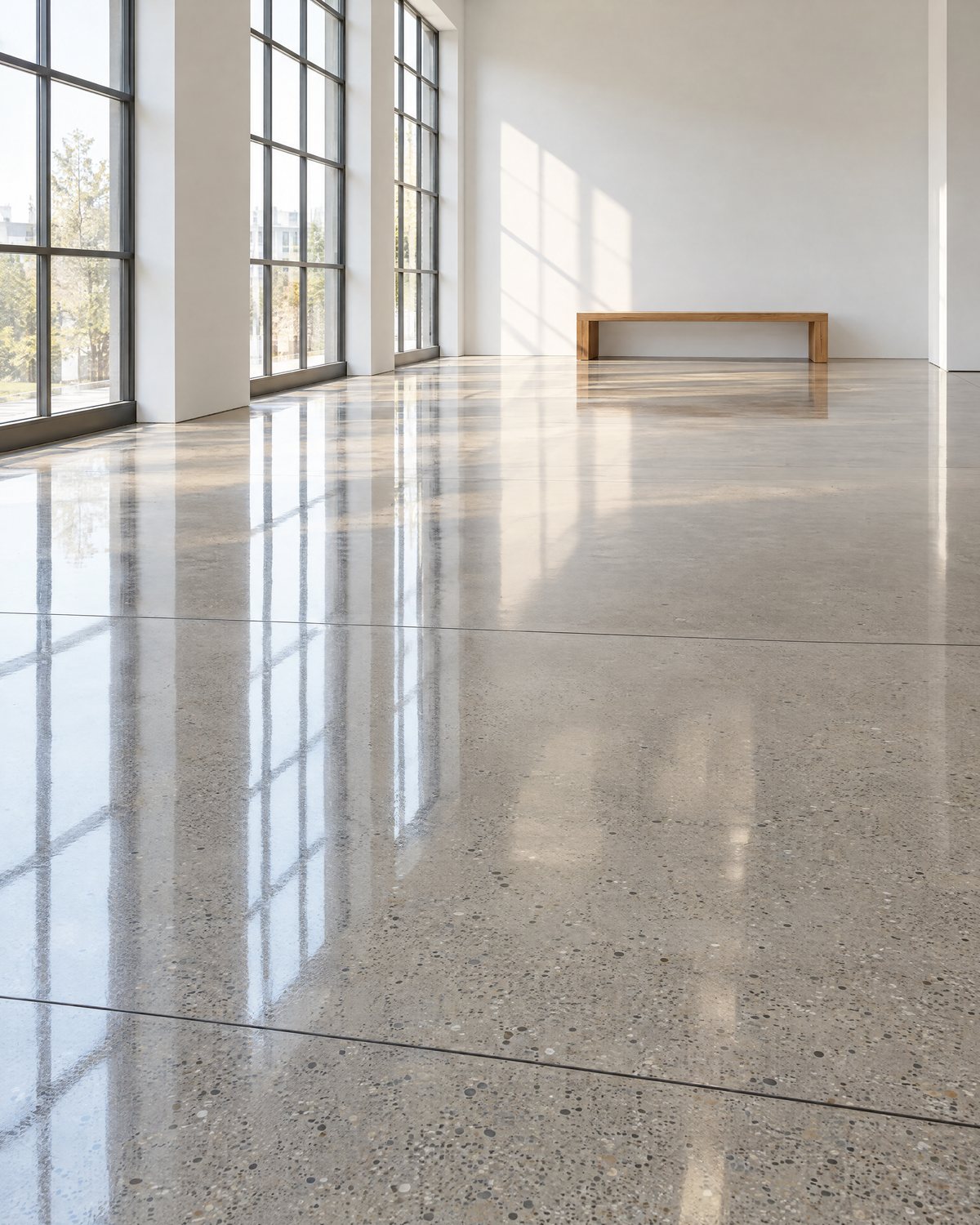 A polished concrete floor with fine exposed aggregate and a high gloss reflecting tall steel-framed windows, sawcut joints running in a grid and an oak bench against a white wall