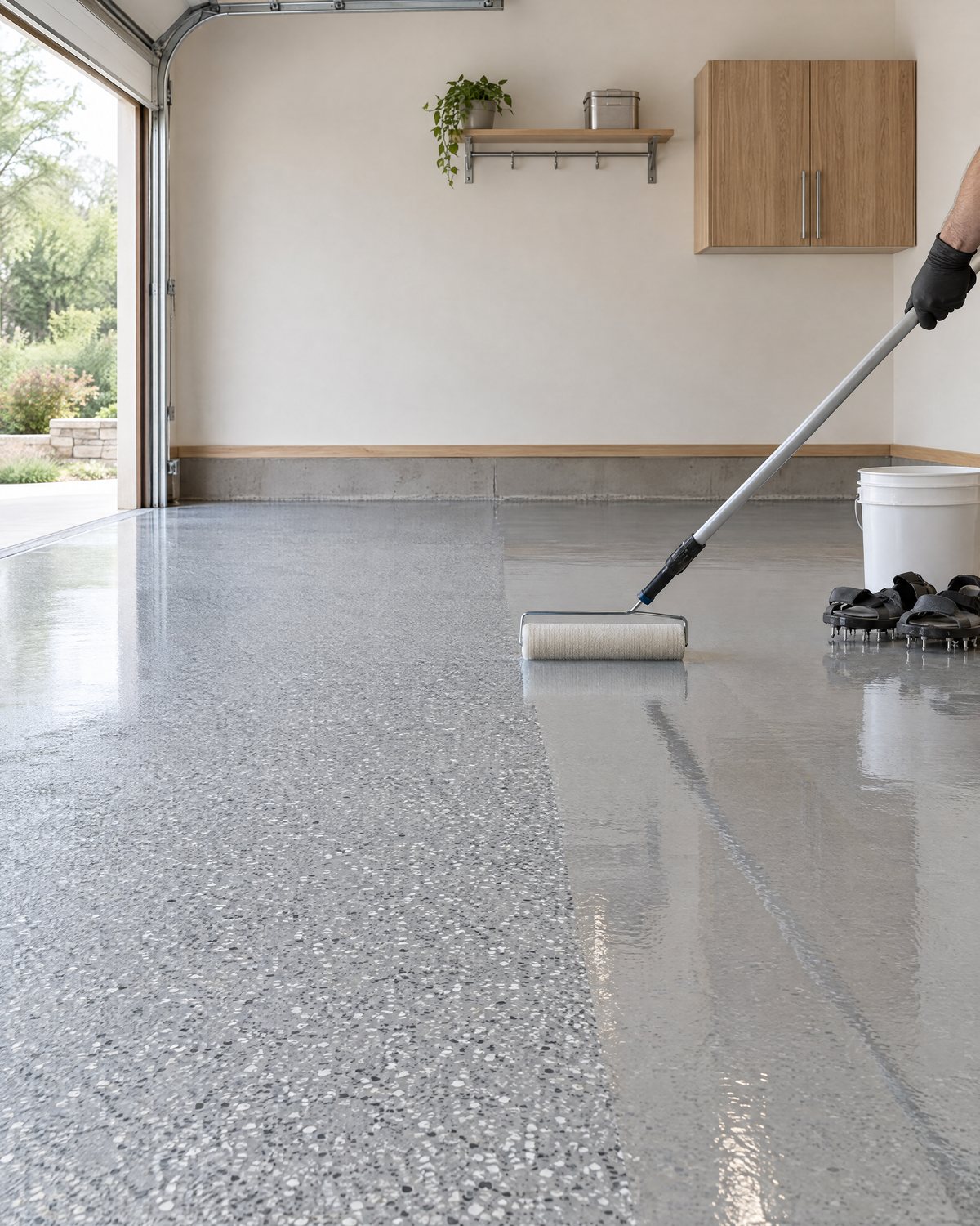 A clear polyaspartic topcoat being rolled over a gray flake floor, the wet glossy band beside the uncoated flakes, with a mixing pail and spiked shoes at the edge